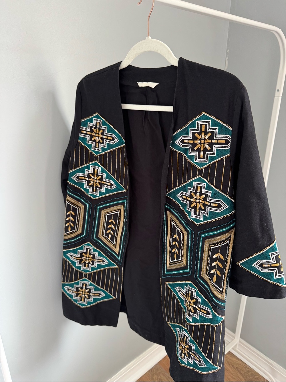 Embroidered Black Open-Front Jacket with Teal & Gold Geometric Motifs